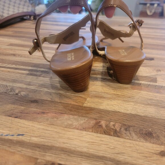 Michael Kors MK Logo Brown Leather T-Strap Low Wedge Thong Sandals - Picture 6 of 14
